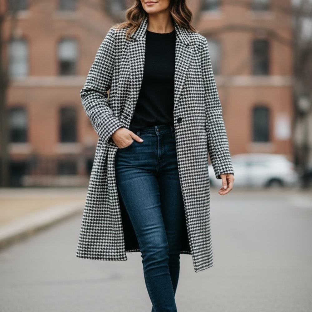 Ambiance Outerwear Stylish Houndstooth Coat